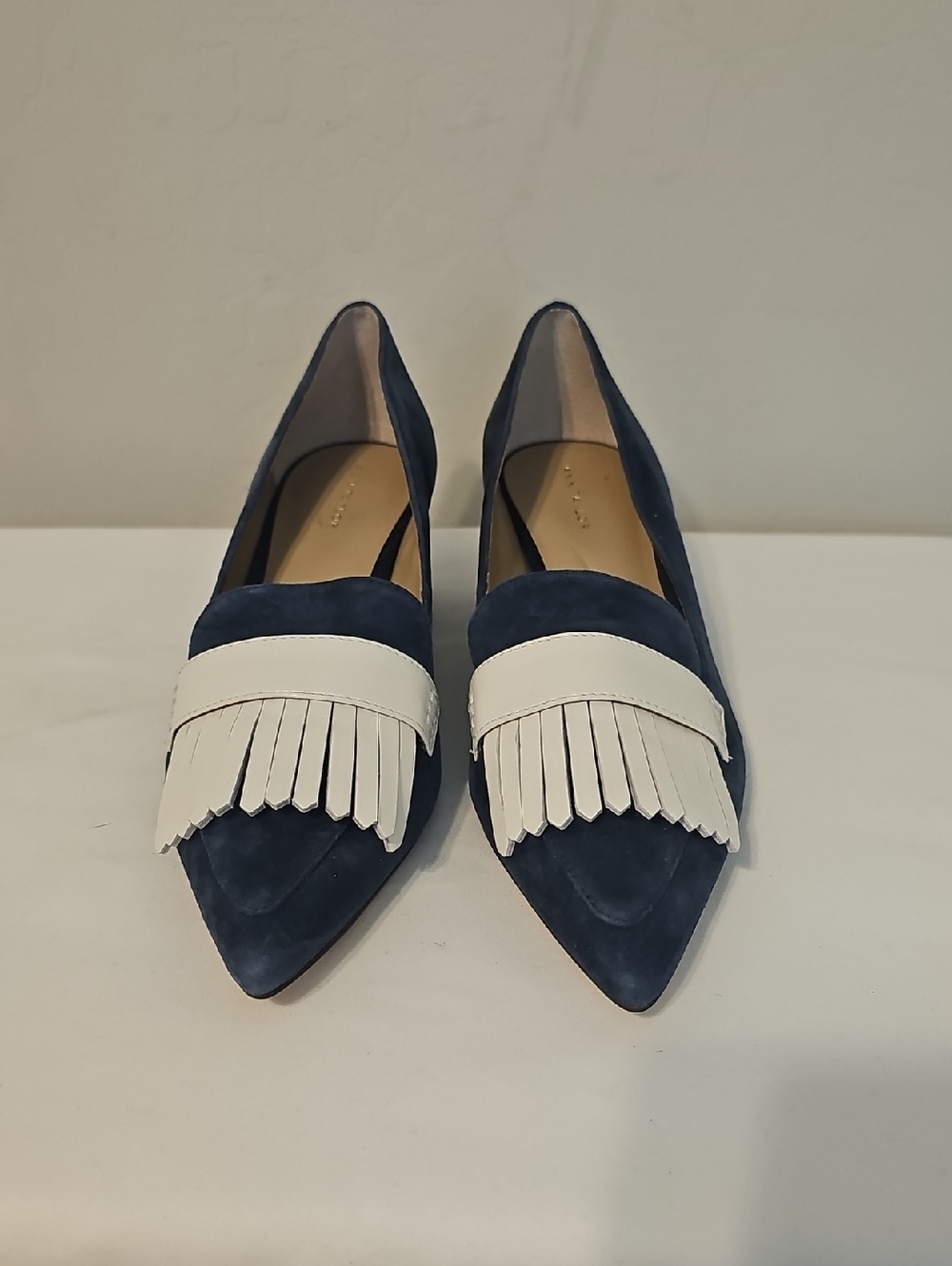 Ann Taylor Pointed Toe Navy Suede Loafers with Cream Fringe